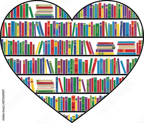 Bookshelf in Heart Shape with Colorful Book Spines for Library Lovers Education Concept Reading Passion Literary Art and Creative Bookstore Decoration