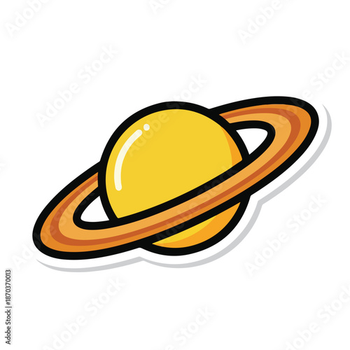 A cartoonish illustration of a yellow planet with orange rings