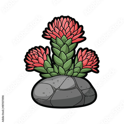 A cartoonish illustration of a rock with a plant