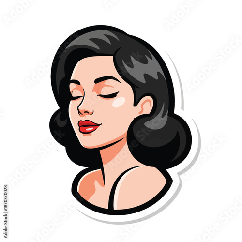 A cartoon woman with closed eyes and dark hair