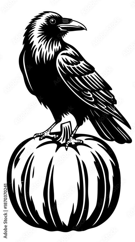 Fototapeta premium Halloween crow perched on pumpkin vector illustration, spooky raven silhouette for autumn decor, tattoo, logo and print design
