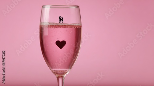 Romantic Silhouette of Couple in Wine Glass with Heart on Pink Background