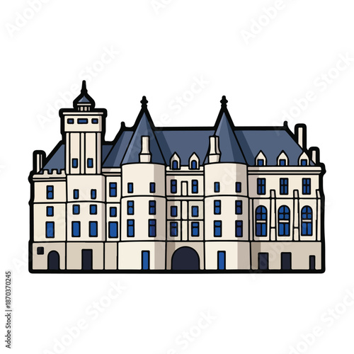 A cartoonish large building with a blue roof