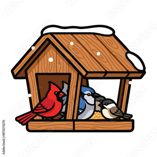 A cartoon wooden bird feeder with three birds