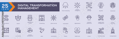 Digital Transformation Management icons collection vector images in outline style,
containing several cloud computing, artificial intelligence, iot, big data, blockchain and more. for Web and app.
