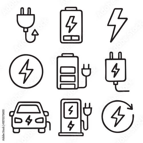 Containing charge, battery, energy, electricity, charger, recharge, electric car, charging station. Charging outline icon set vector