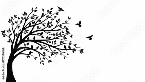 Silhouette of a tree with birds flying away.