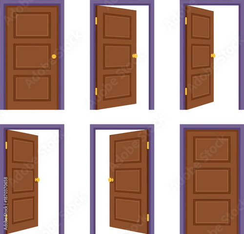 Set of wooden doors opening and closing in multiple positions for animation, motion design, architectural graphics, storytelling visuals, and creative illustration projects.