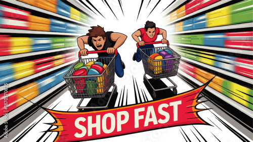 Comic style fast shopping race in supermarket aisle with men pushing carts and dynamic motion lines, retail promotion banner
