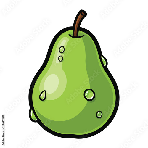 A cartoonish green pear with water droplets and a brown stem