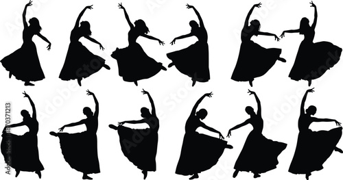 Elegant female ballet dancers silhouettes performing classical dance poses isolated on white background modern artistic vector illustration collection set
