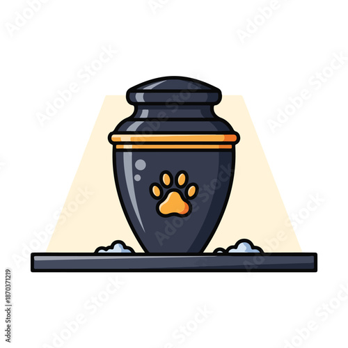 A cartoon-style dark gray urn with a paw print on a shelf