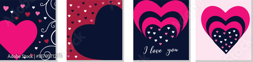 Four vertical valentine cards featuring various patterns of pink and red hearts on a dark navy blue background