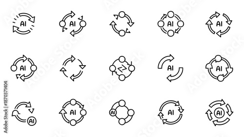 Collection of artificial intelligence icons representing various concepts and ideas in a simple line art style