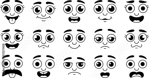 Funny Cartoon Face Expressions Set Vector with Emotions, Eyes and Smiley Icons