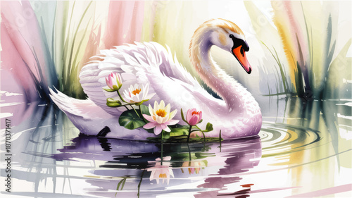 Elegant white swan with water lilies on tranquil lake, pastel watercolor illustration, romantic nature art background