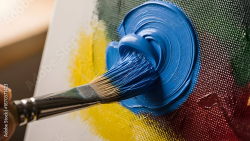 Close-up of a hand blending vibrant blue paint onto textured canvas surface