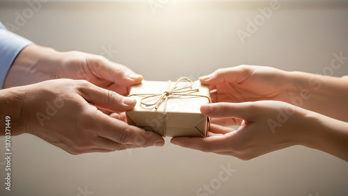 Two individuals exchanging a gift wrapped with a simple bow in a warm setting