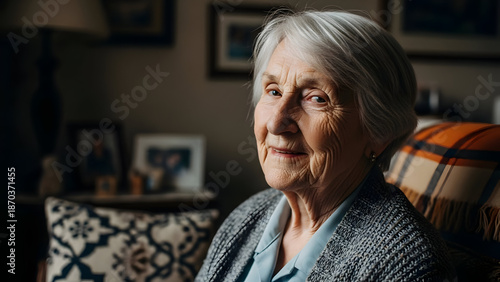 Portrait of an elderly woman with a gentle smile in a cozy home setting