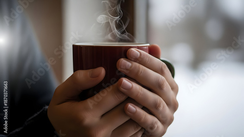 Close-up of Hands Holding a Warm Mug with Steam Rising in a Cozy Setting