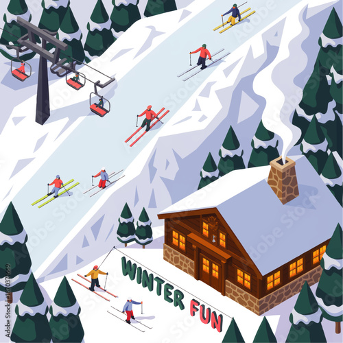 Cozy ski resort chalet and skiers on snowy mountain slope with ski lift, pine trees and winter holiday fun illustration