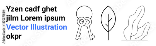 Security, nature conservation, eco-design, connectivity, abstract art, modern concepts. Two keys, a minimal leaf and an abstract organic shape in simple line art. Security and eco-design concept