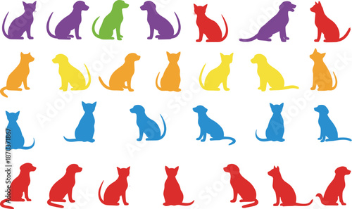 Colorful Diverse Pet Silhouettes Collection Featuring Sitting Dogs and Cats in Rainbow Colors Minimalist Vector Illustration Set for Veterinary Clinic Branding