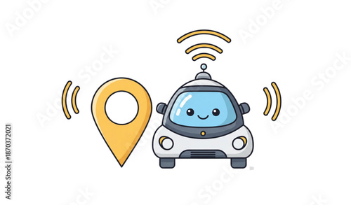 Smart self-driving car with GPS pin and wireless signals flat doodle vector illustration isolated on transparent background