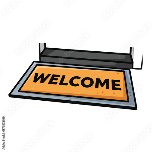 A cartoon-style welcome mat with a black scraper