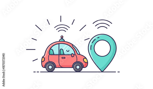 Self-driving car navigation and connectivity concept with GPS marker flat vector illustration isolated on transparent background