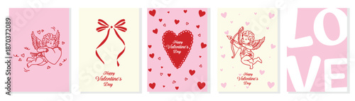 Five delightful Valentines Day cards featuring cheerful cupids and loving heart designs