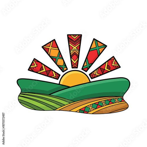 A colorful cartoon sun rising over green hills (1)