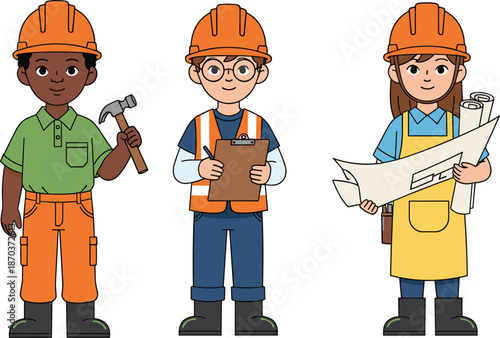 Set of Cute Cartoon Construction Workers and Architects Wearing Orange Safety Helmets Holding Blueprints Clipboard and Hammer on White Background