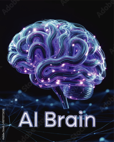 Futuristic AI brain illustration with glowing neural network, cyberpunk digital intelligence concept on dark background