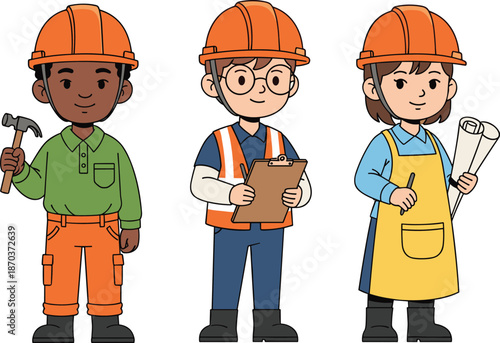 Diverse Group of Cute Cartoon Construction Workers and Architects Wearing Orange Hard Hats Holding Hammer Clipboard and Blueprints for Building Project