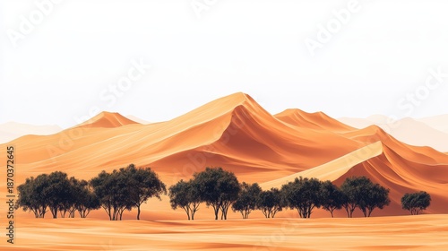 Serene Desert Landscape with Rolling Sand Dunes and Lush Green Trees Under a Bright Sky