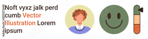 Emotional well-being, user interface design, health tracking, satisfaction analytics, app development, social media design. Portrait of a person, happy face and progress bar. Emotional well-being