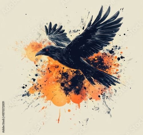 Majestic Black Bird with Outstretched Wings Soaring Over Colorful Abstract Background of Orange and Black Splashes