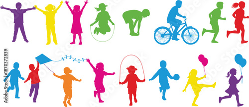 Colorful Children Silhouettes Playing and Active Kids Vector Illustration Featuring Jumping Running Cycling and Kite Flying for Childhood Education and School Design