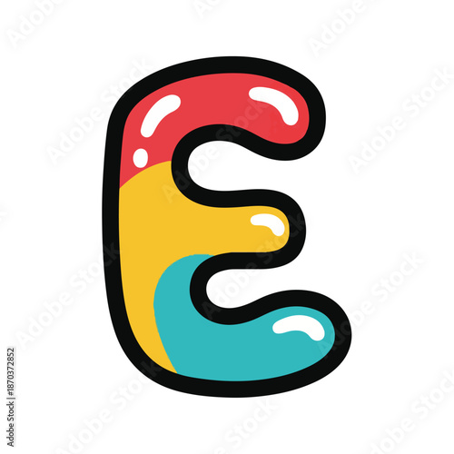 A colorful, cartoonish letter E