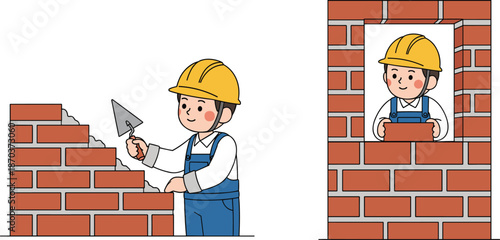 Cute Cartoon Mason Character Building Red Brick Wall With Trowel Tool Vector Illustration Set Isolated on White Background for Construction Industry