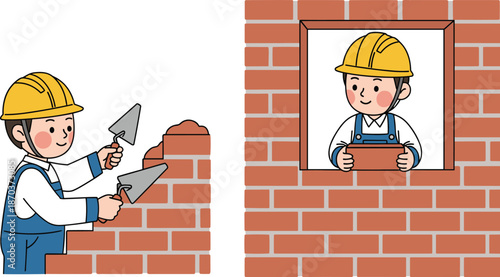 Professional Mason Character Set Building Red Brick Wall With Trowel Tool Vector Illustration Isolated on White Background for Construction Industry Design