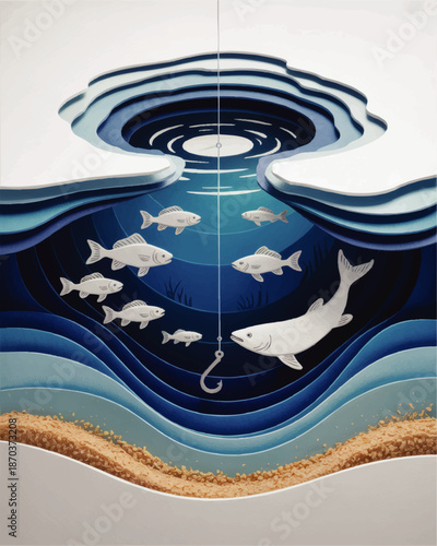Paper cut winter ice fishing lake with layered underwater landscape, white fish, hook and blue waves, creative nature illustration