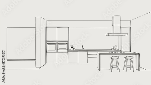 Modern Kitchen Design Sketch with Island and Stools.