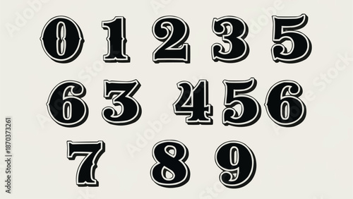 Set of vintage numbers from zero to nine in black and white.