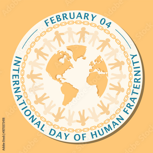 International Day of Human Fraternity Emblem. Paper people circling the globe holding hands