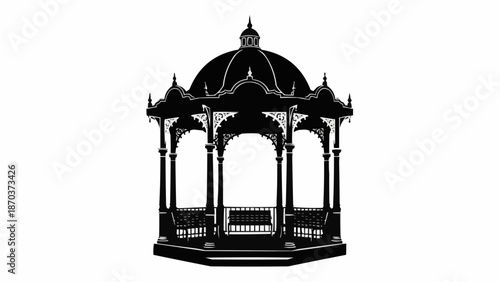 Ornate Black Gazebo Structure Isolated on White Background.
