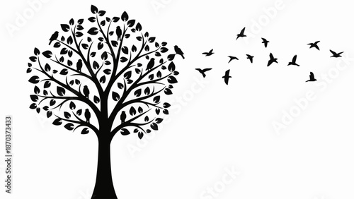 Silhouette of a tree with birds flying away.