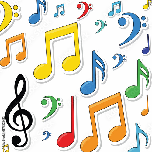 A colorful arrangement of various musical notes