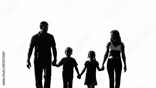Silhouette of a happy family holding hands walking together.